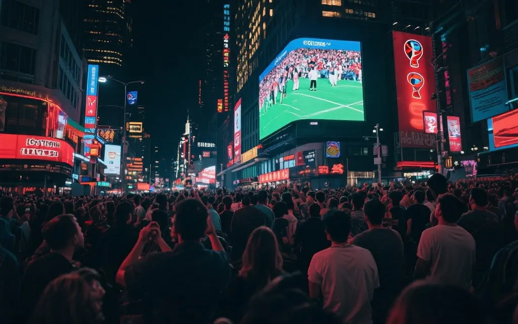 夜色中的洛杉矶街区观赛氛围，霓虹灯与人群在大屏前聚集