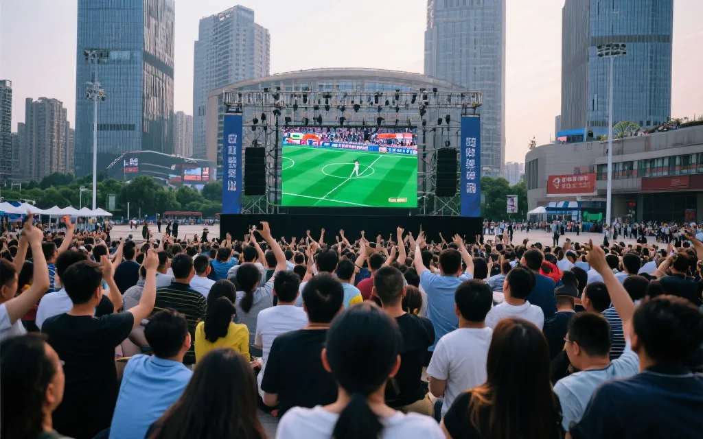 多元人群在城市广场观看足球直播，背景有高楼与大屏幕，氛围热烈