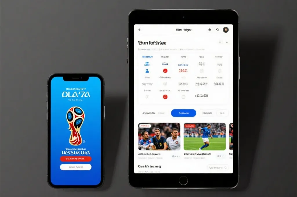 手机和平板上显示世界杯精彩集锦与赛程提醒，画面简洁明亮，适合数字观赛场景