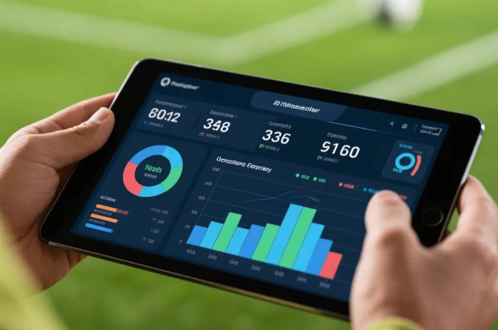Digital tablet displaying generic soccer match statistics and data visualization charts
